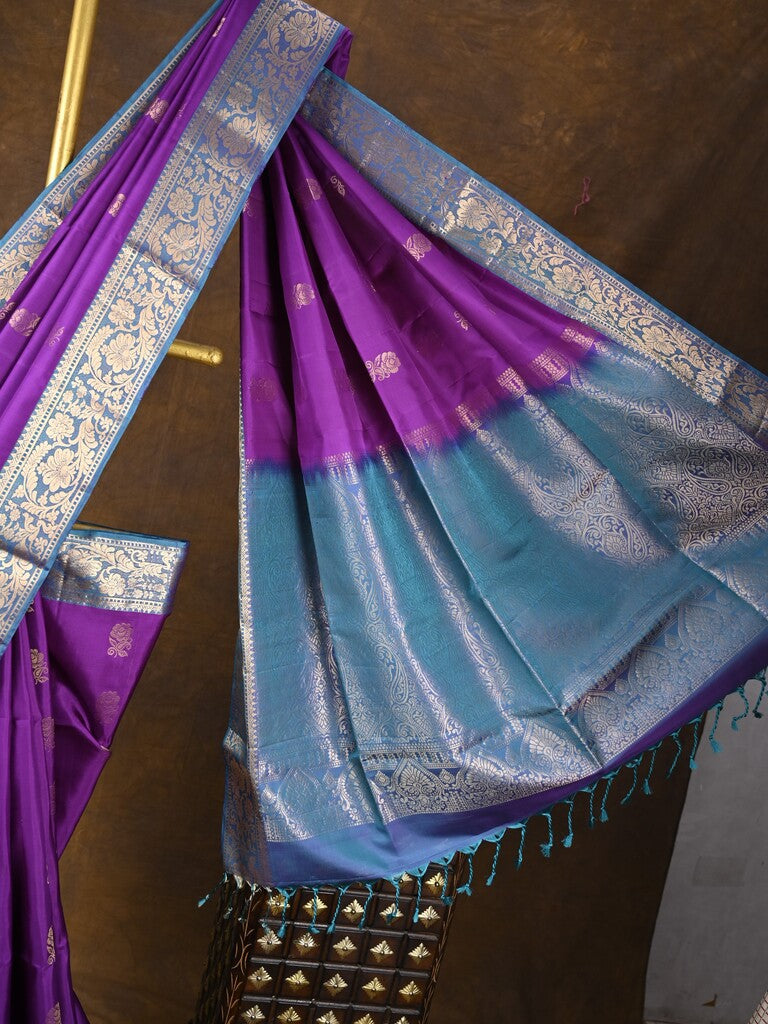 Kanchi pattu saree dark purple color allover zari motifs & zari border with rich pallu and contrast plain blouse