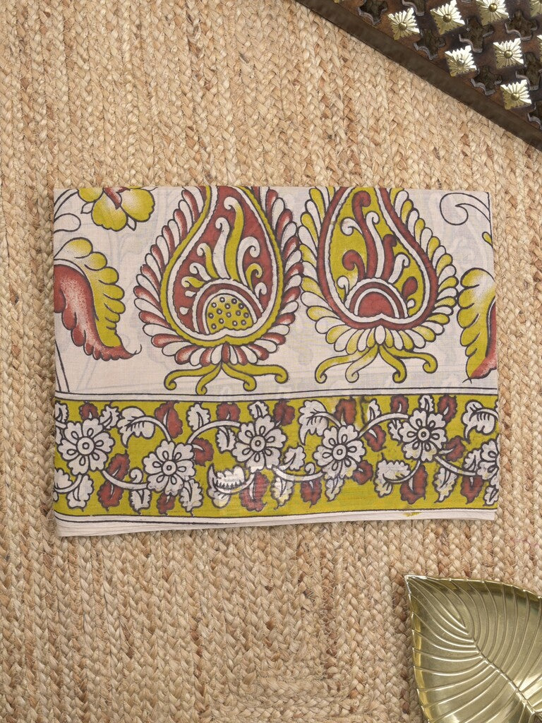 Kalamkari cotton saree in cream color with contrast pallu and matching blouse