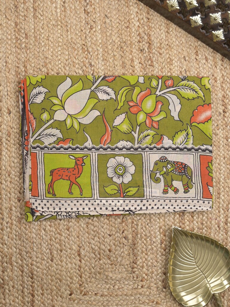 Kalamkari cotton saree in green color with contrast pallu and matching blouse