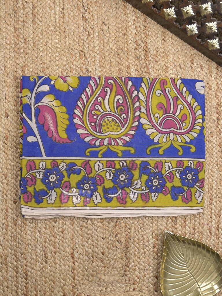 Kalamkari cotton saree in royal blue color with contrast pallu and matching blouse