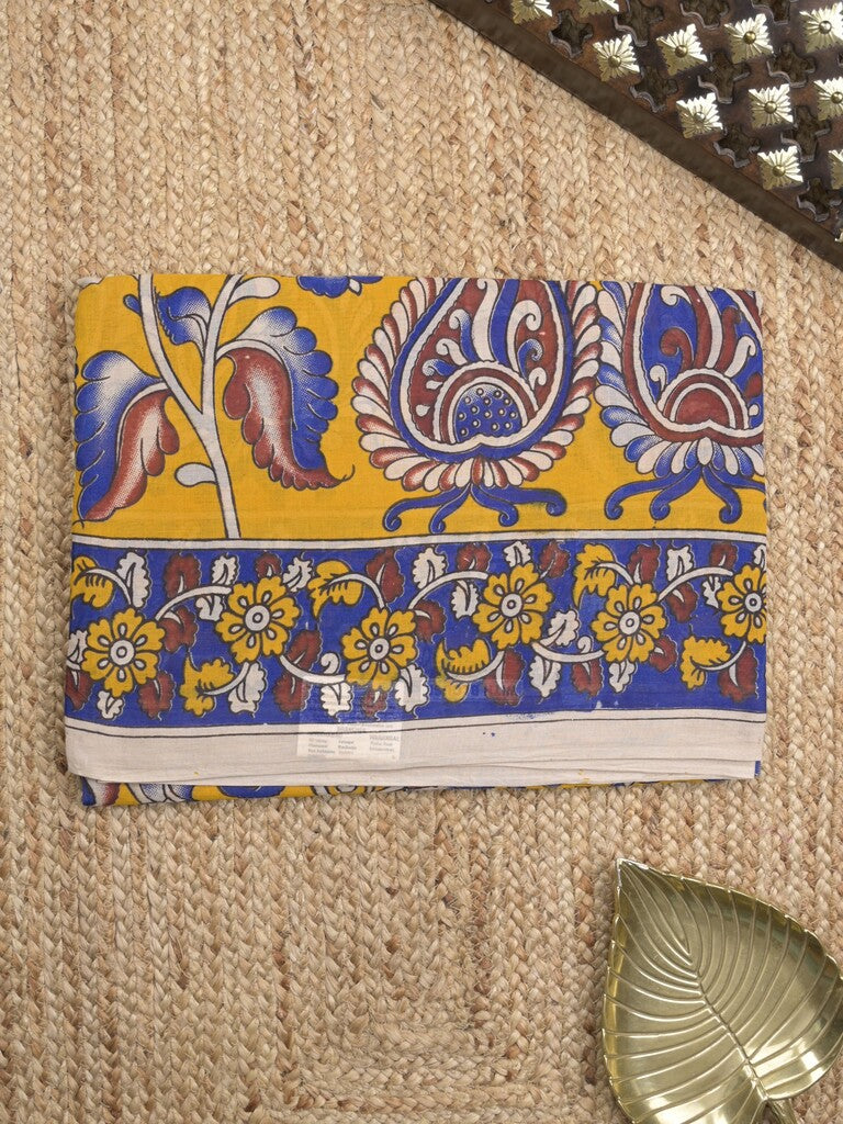Kalamkari cotton saree in yellow color with contrast pallu and matching blouse