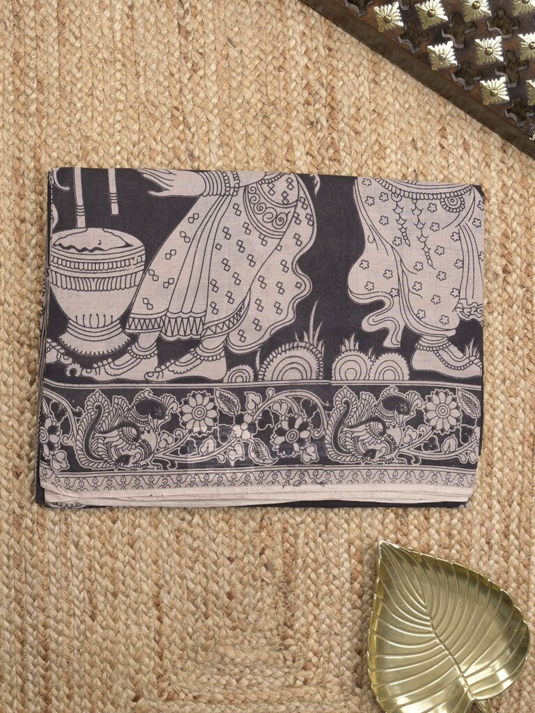 Kalamkari cotton saree in black color with contrast pallu and matching blouse