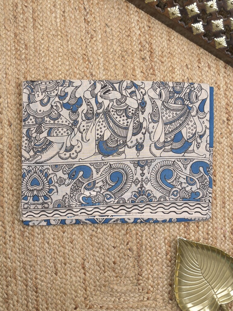 Kalamkari cotton saree in blue and white color with contrast pallu and matching blouse
