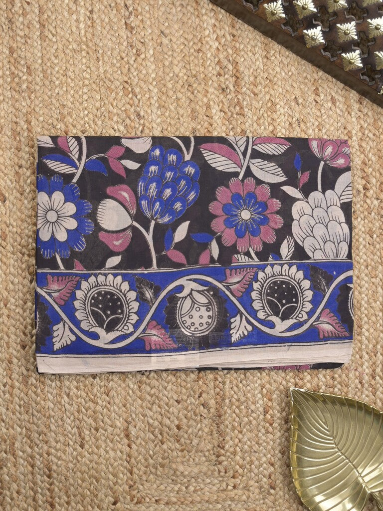 Kalamkari cotton saree in black color with contrast pallu and matching blouse