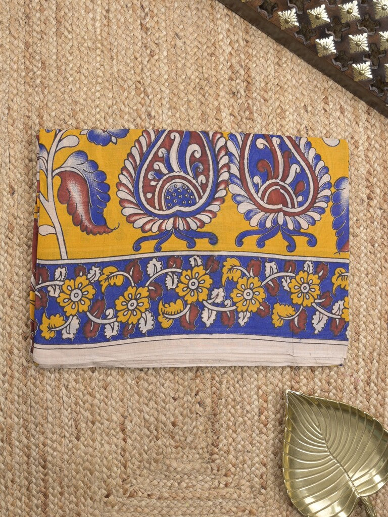 Kalamkari cotton saree in yellow color with contrast pallu and matching blouse