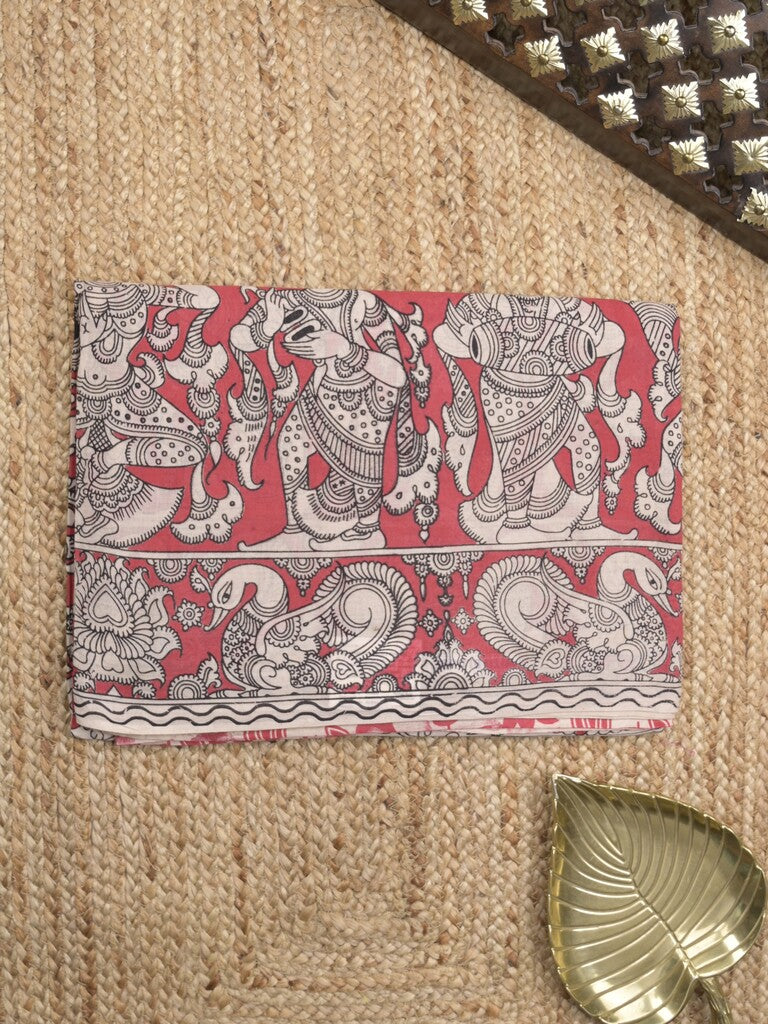 Kalamkari cotton saree in cream color with contrast pallu and matching blouse