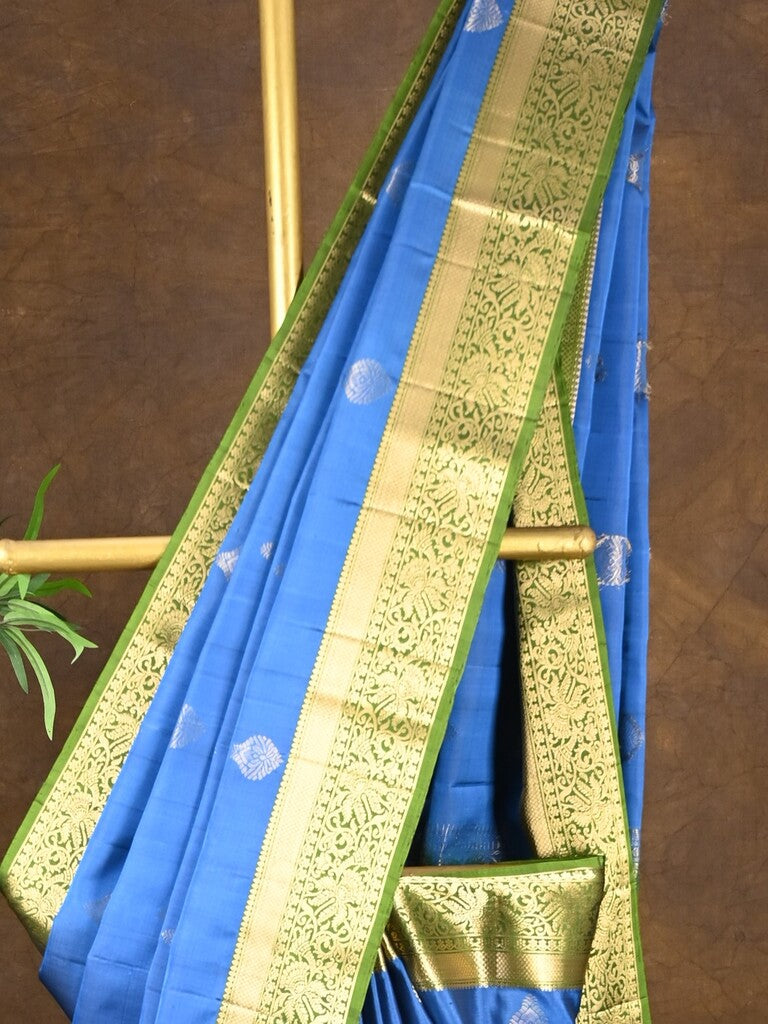 Kanchi pattu saree blue color allover zari motifs & zari border with rich pallu and contrast plain blouse
