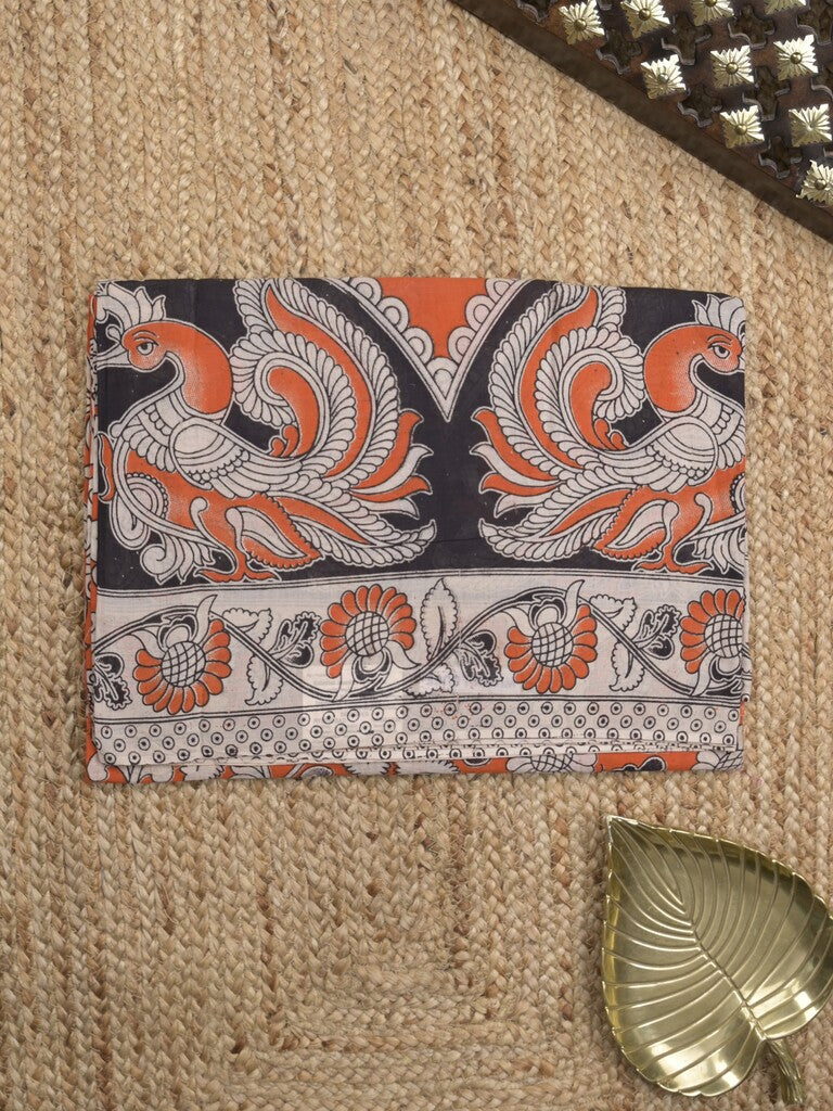 Kalamkari cotton saree in orange color with contrast pallu and matching blouse