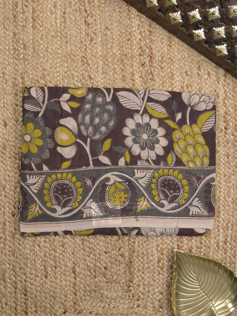 Kalamkari cotton saree in black color with contrast pallu and matching blouse