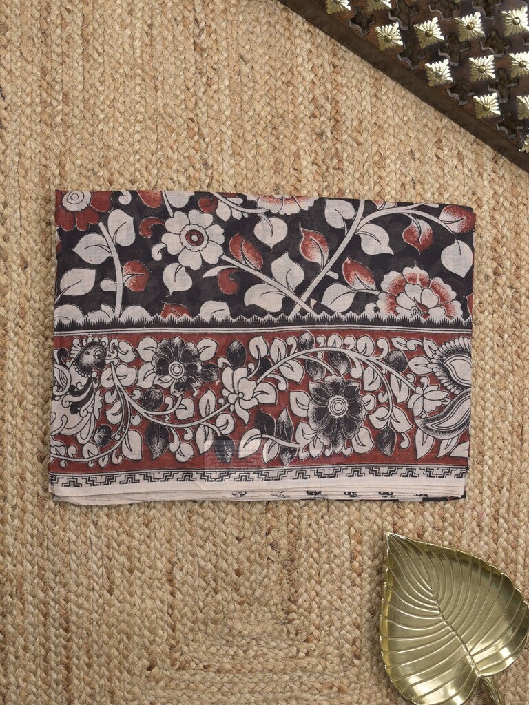 Kalamkari cotton saree in black color with contrast pallu and matching blouse