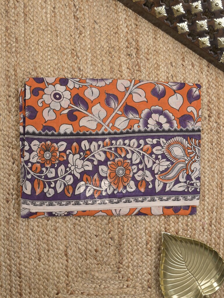 Kalamkari cotton saree in orange color with contrast pallu and matching blouse