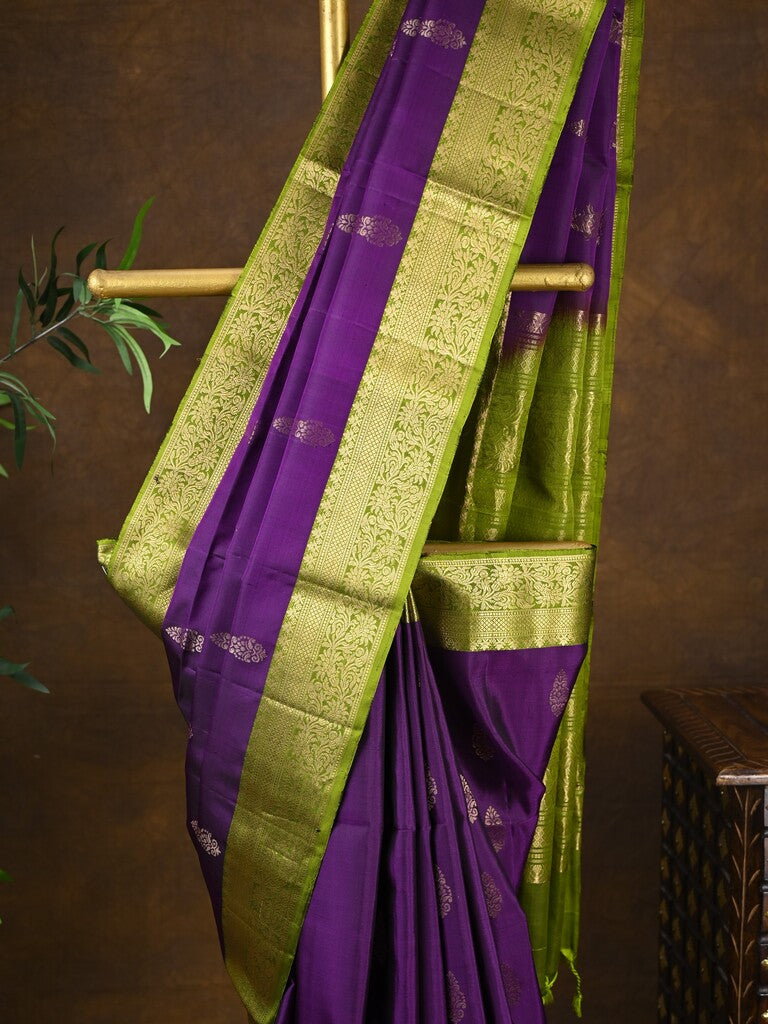 Kanchi pattu saree violet color allover zari motifs & zari border with rich pallu and contrast plain blouse