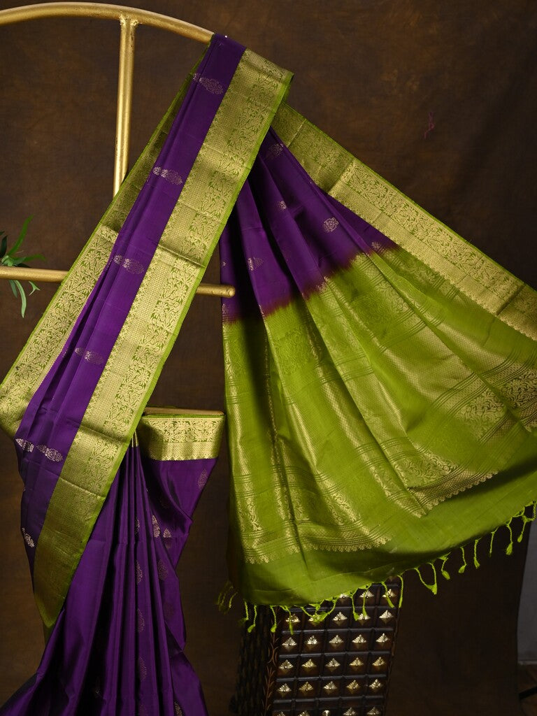 Kanchi pattu saree violet color allover zari motifs & zari border with rich pallu and contrast plain blouse