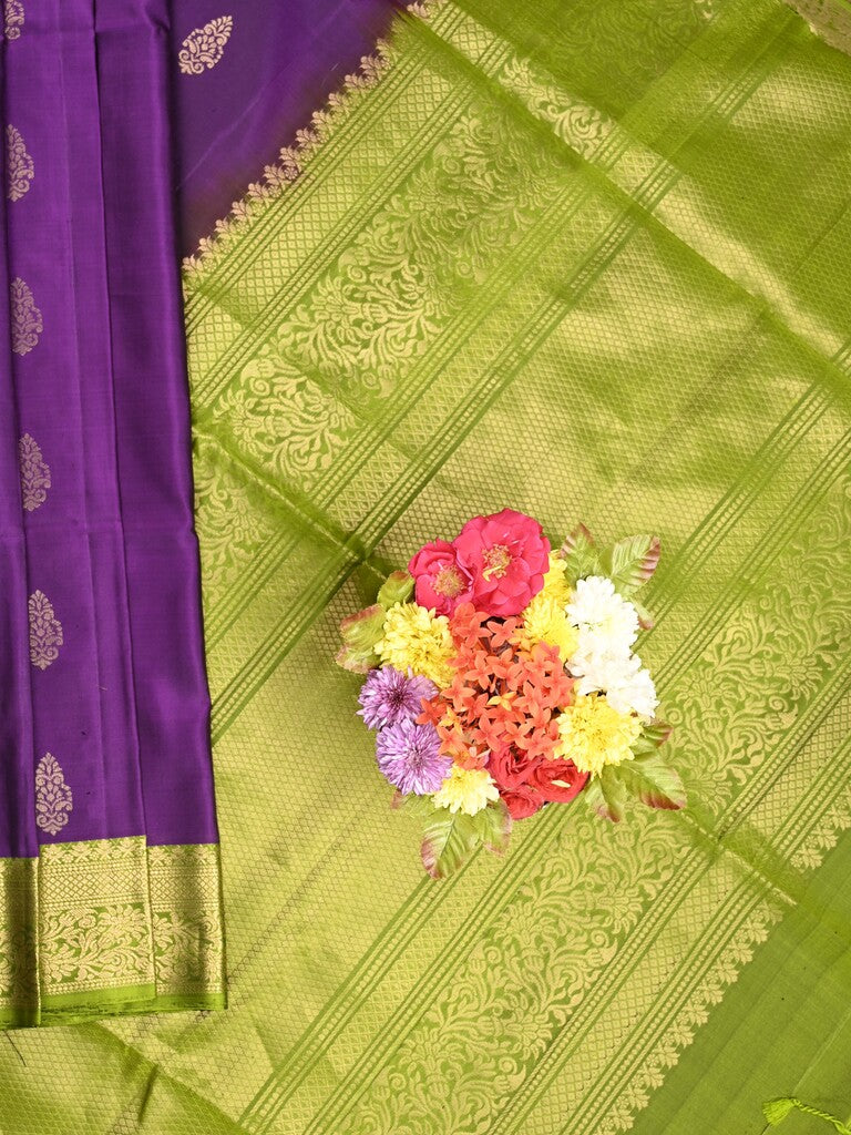 Kanchi pattu saree dark purple color allover zari motifs & zari border with rich pallu and contrast plain blouse