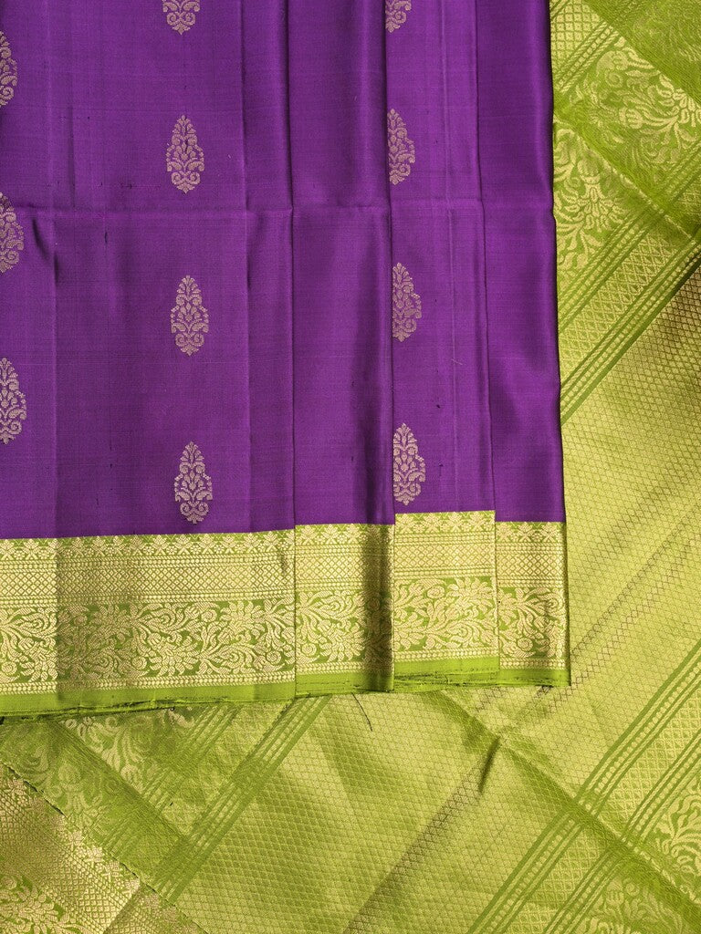 Kanchi pattu saree dark purple color allover zari motifs & zari border with rich pallu and contrast plain blouse