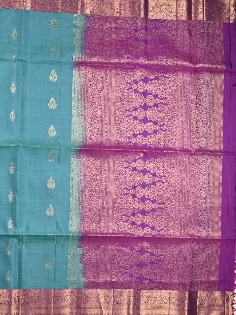 Kanchi pattu saree sky blue color allover zari motifs & zari border with rich pallu and contrast plain blouse