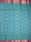 Kanchi pattu saree sky blue color allover zari motifs & zari border with rich pallu and contrast plain blouse