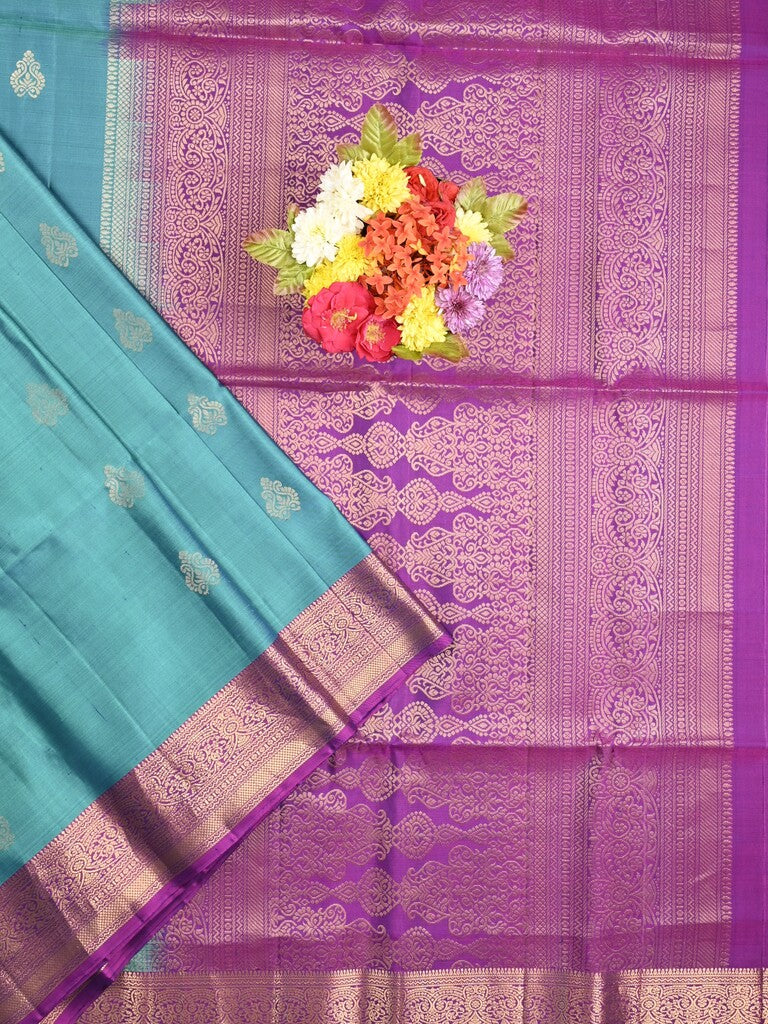 Kanchi pattu saree sky blue color allover zari motifs & zari border with rich pallu and contrast plain blouse