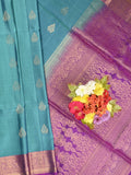 Kanchi pattu saree sky blue color allover zari motifs & zari border with rich pallu and contrast plain blouse