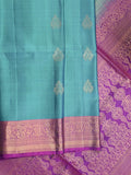 Kanchi pattu saree sky blue color allover zari motifs & zari border with rich pallu and contrast plain blouse