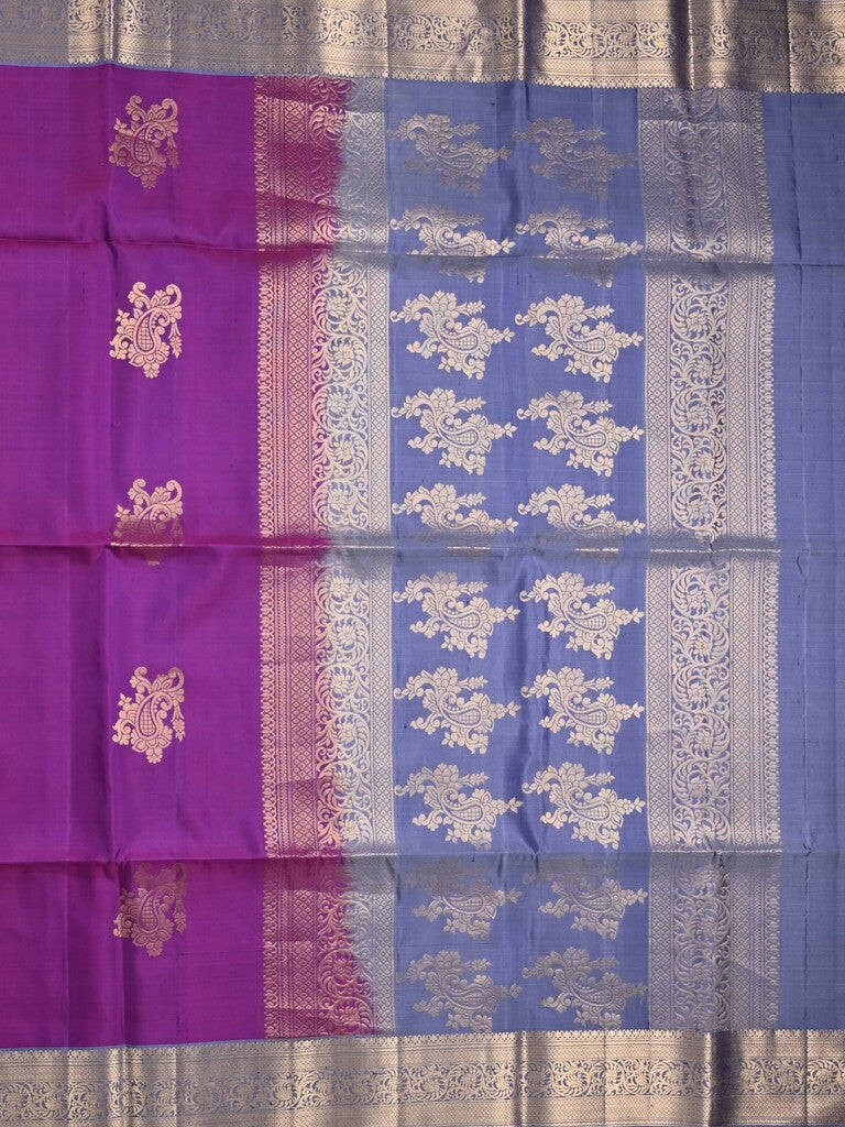 Kanchi pattu saree purple color allover zari motifs & zari border with rich pallu and contrast plain blouse