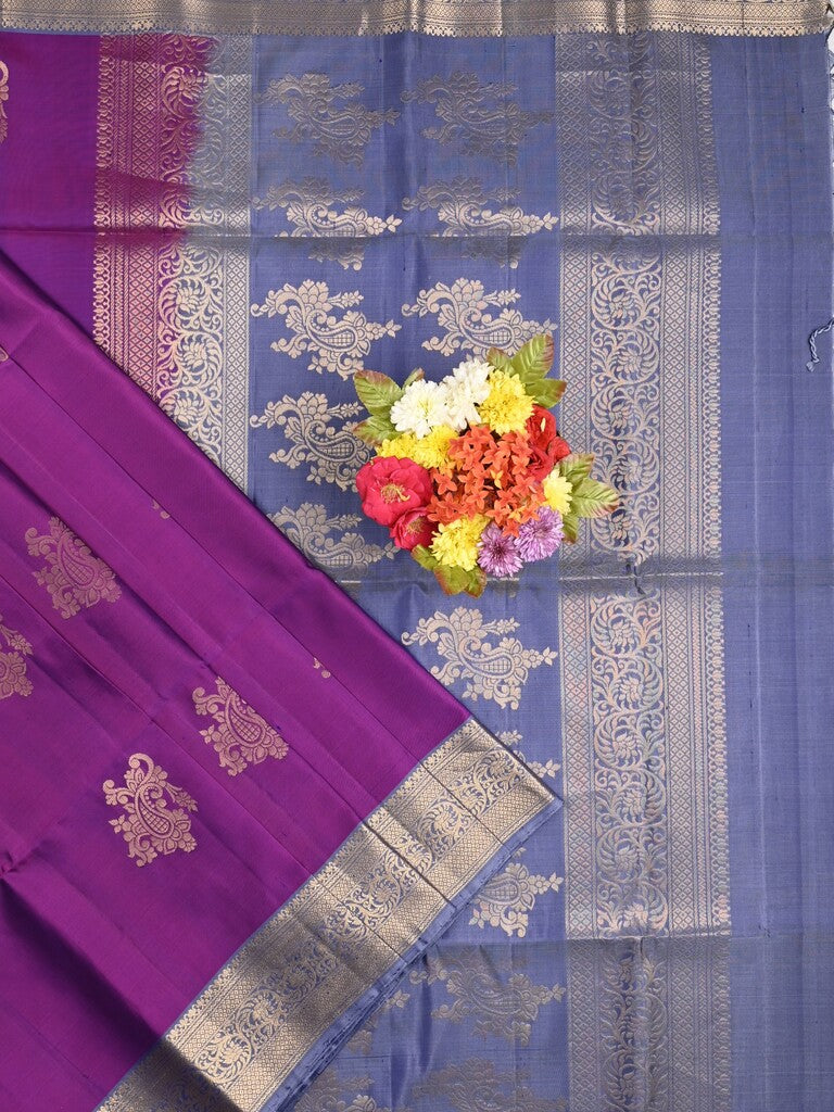 Kanchi pattu saree purple color allover zari motifs & zari border with rich pallu and contrast plain blouse