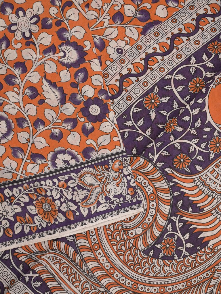 Kalamkari cotton saree in orange color with contrast pallu and matching blouse