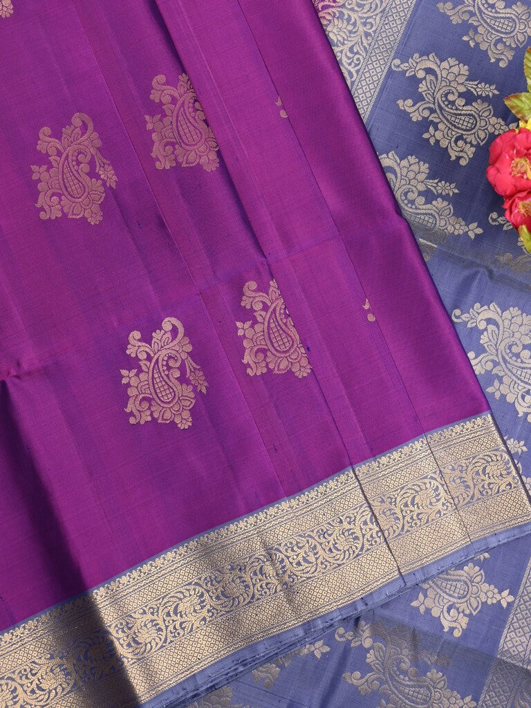 Kanchi pattu saree purple color allover zari motifs & zari border with rich pallu and contrast plain blouse