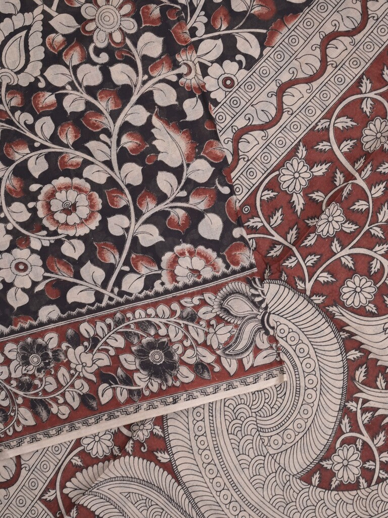 Kalamkari cotton saree in black color with contrast pallu and matching blouse