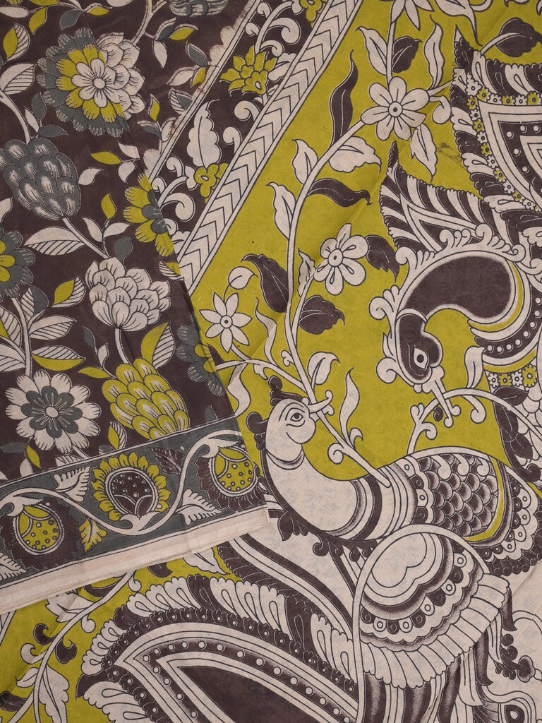 Kalamkari cotton saree in black color with contrast pallu and matching blouse