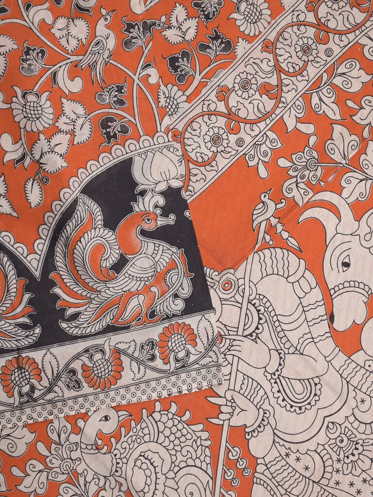Kalamkari cotton saree in orange color with contrast pallu and matching blouse