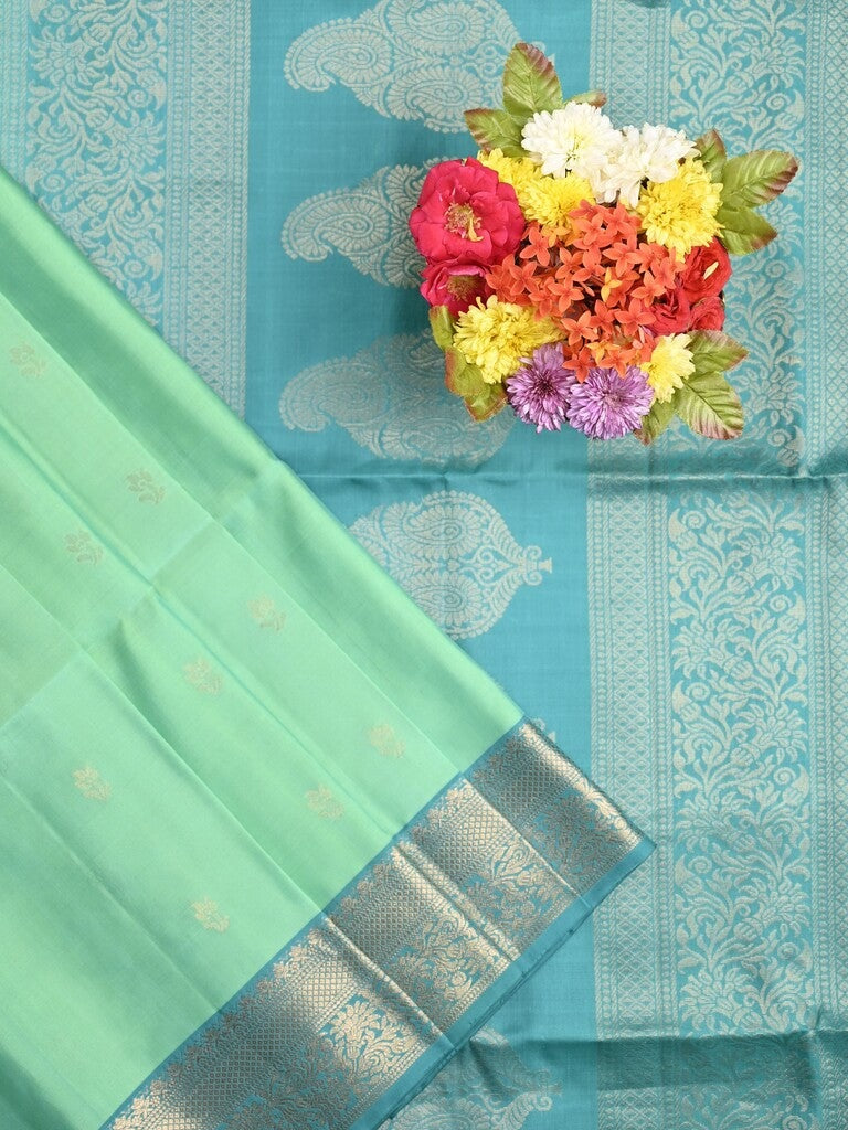 Kanchi pattu saree lux green color allover zari motifs & zari border with rich pallu and contrast plain blouse
