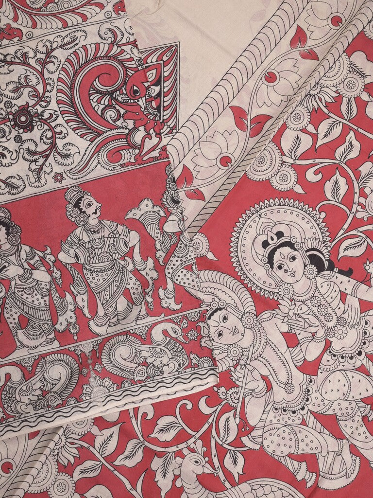 Kalamkari cotton saree in cream color with contrast pallu and matching blouse