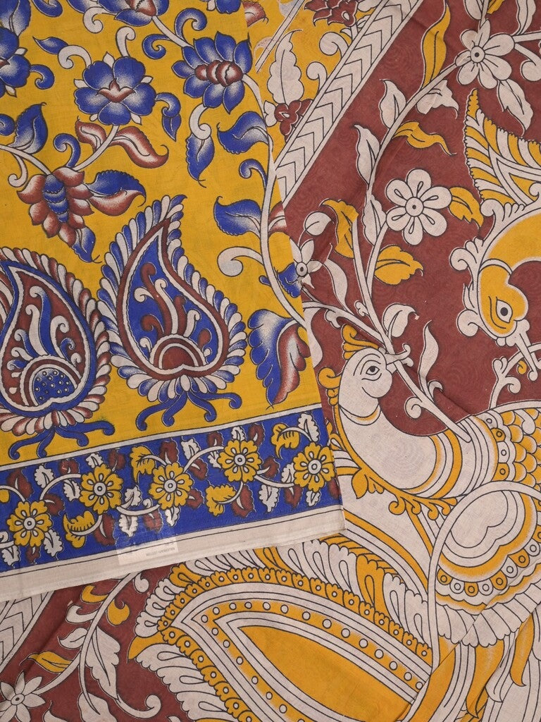Kalamkari cotton saree in yellow color with contrast pallu and matching blouse