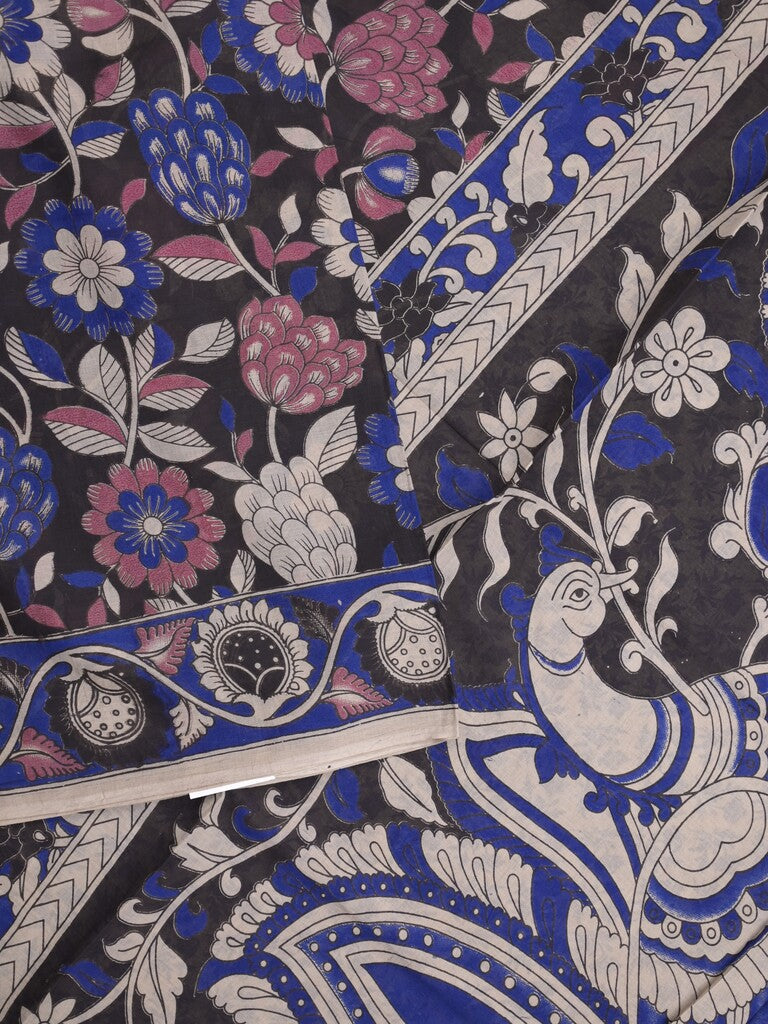 Kalamkari cotton saree in black color with contrast pallu and matching blouse
