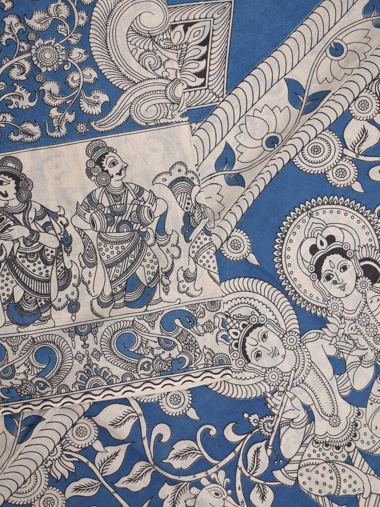 Kalamkari cotton saree in blue and white color with contrast pallu and matching blouse