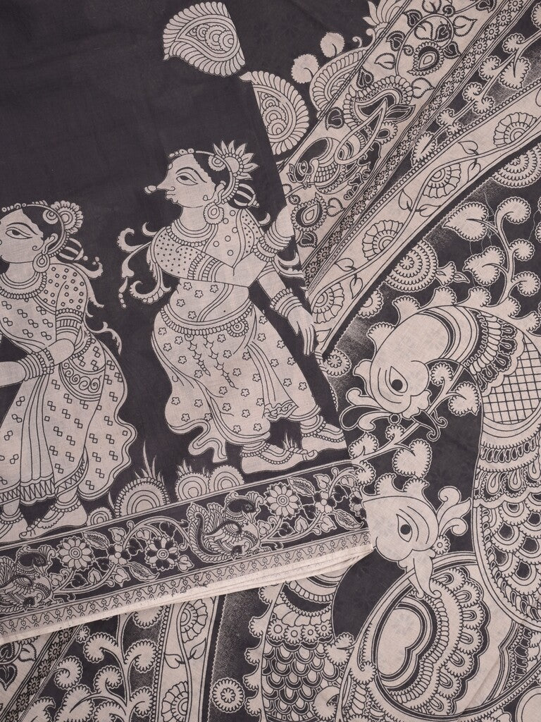 Kalamkari cotton saree in black color with contrast pallu and matching blouse