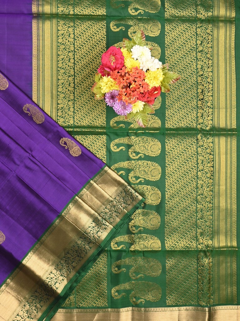 Kanchi pattu saree dark blue color allover zari motifs & zari border with rich pallu and contrast plain blouse