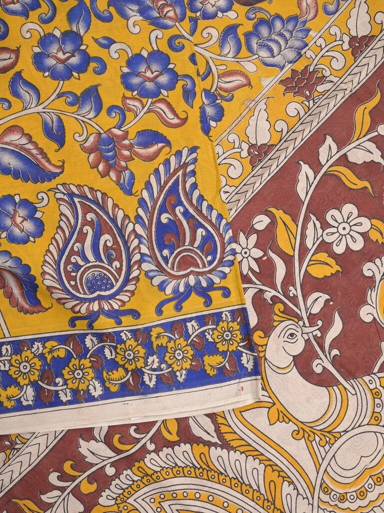 Kalamkari cotton saree in yellow color with contrast pallu and matching blouse