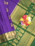 Kanchi pattu saree dark blue color allover zari motifs & zari border with rich pallu and contrast plain blouse