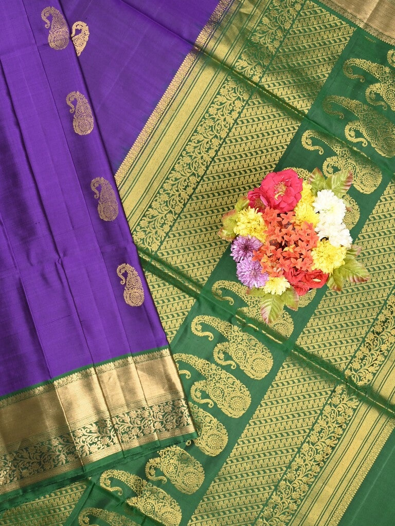 Kanchi pattu saree dark blue color allover zari motifs & zari border with rich pallu and contrast plain blouse