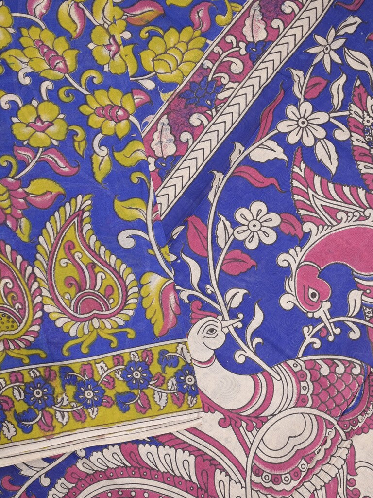 Kalamkari cotton saree in royal blue color with contrast pallu and matching blouse