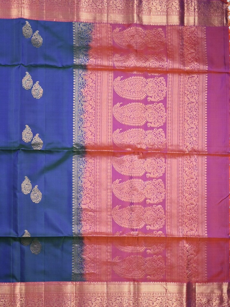 Kanchi pattu saree navy blue color allover zari motifs & zari border with rich pallu and contrast plain blouse