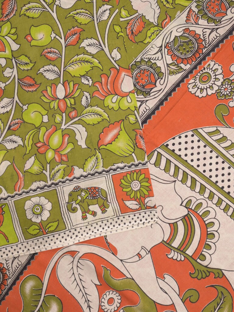 Kalamkari cotton saree in green color with contrast pallu and matching blouse