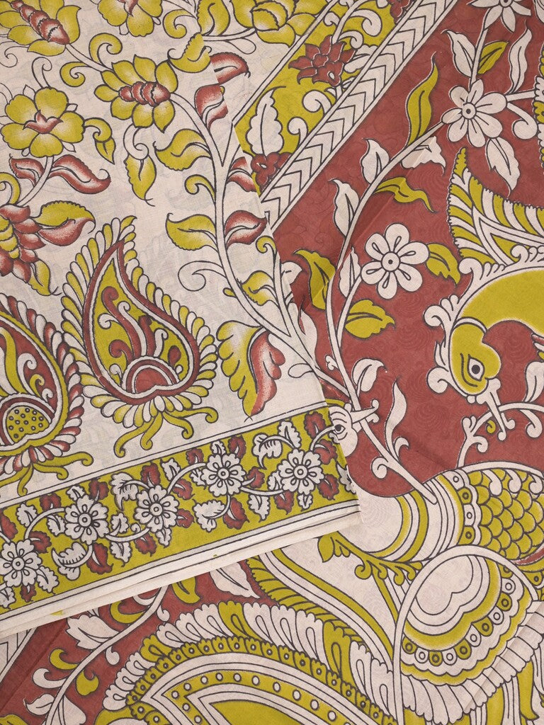 Kalamkari cotton saree in cream color with contrast pallu and matching blouse