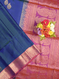 Kanchi pattu saree navy blue color allover zari motifs & zari border with rich pallu and contrast plain blouse
