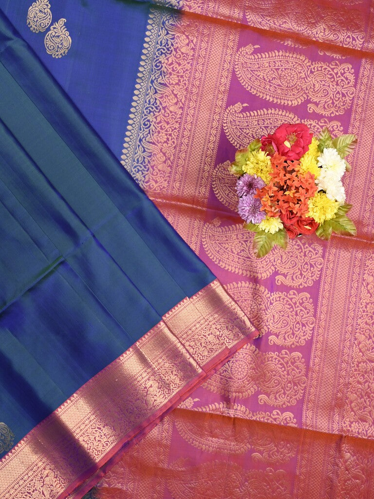 Kanchi pattu saree navy blue color allover zari motifs & zari border with rich pallu and contrast plain blouse