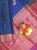 Kanchi pattu saree navy blue color allover zari motifs & zari border with rich pallu and contrast plain blouse
