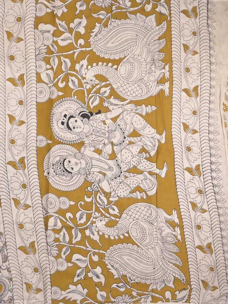 Kalamkari cotton saree in white and yellow color with contrast pallu and matching blouse