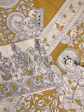 Kalamkari cotton saree in white and yellow color with contrast pallu and matching blouse